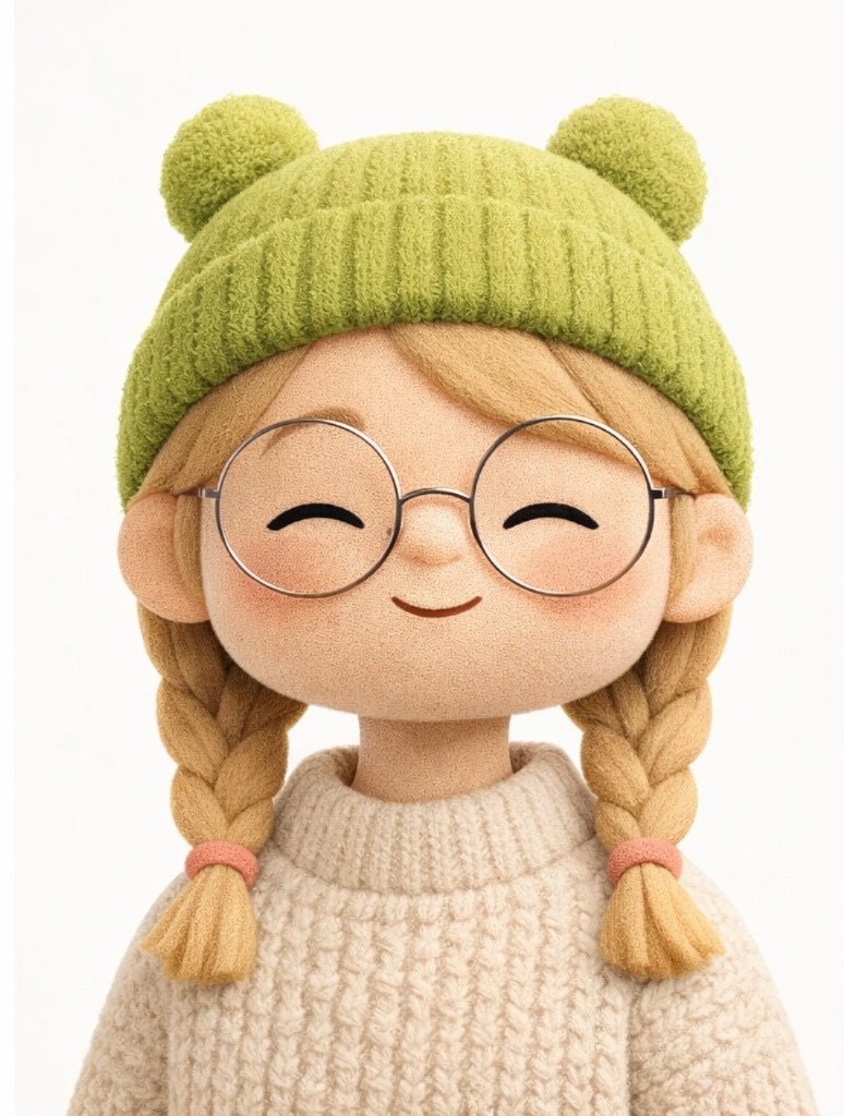 Uma personagem sorridente, loira, com óculos e um gorro verde